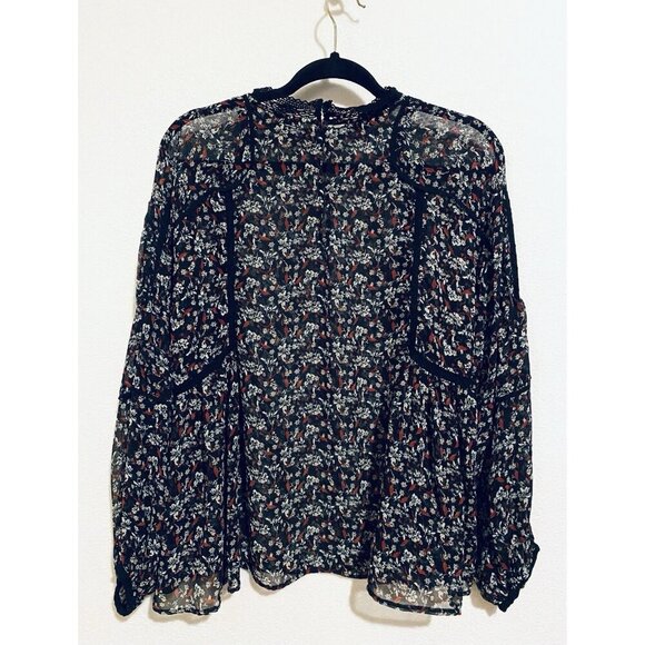Zara Top Womens Large Black Floral Chiffon Pleated Puffy Sleeve Sheer Romantic - Picture 5 of 7